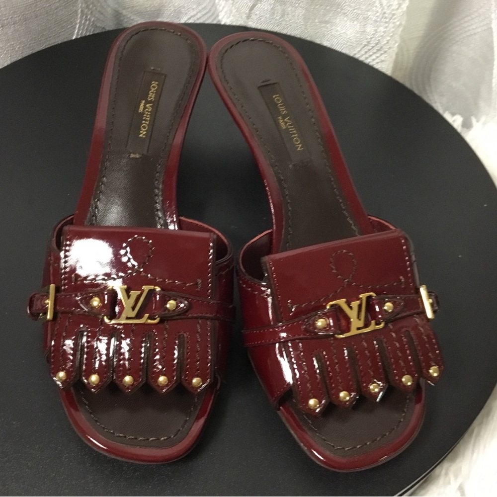 Louis Vuitton Burgundy Patent Leather Slide Mules with Gold Hardware - Picture 10 of 13